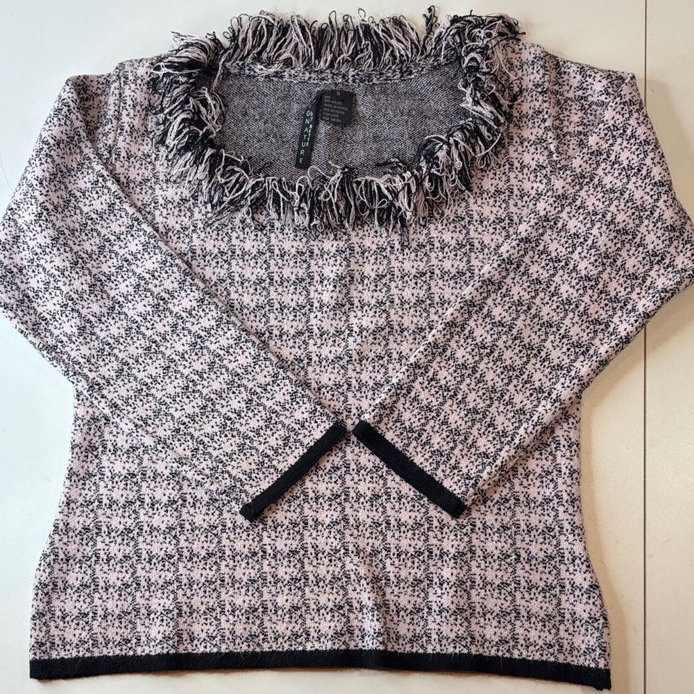 Zara Signature by Bette Light Pink Black Fringed Sweater 3/4 sleeve women small